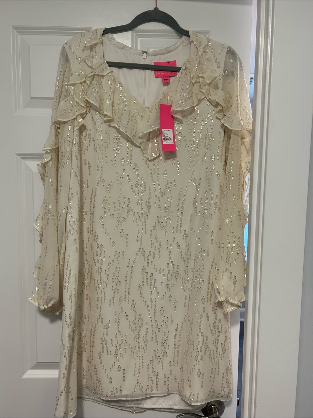 Lilly Pulitzer Ivory Long-Sleeve Ruffle Shift Dress with Gold Sequin Accents